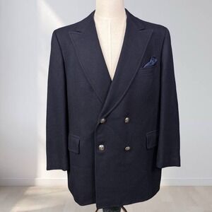Botany 500 Peak Lapel Double Breasted Blazer Men 46R Navy Blue Silver Button